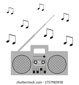 Reproductor de cassette y notas sobre un fondo blanco