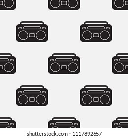 Cassette radio player seamless vector pattern. Musical illustration texture. Ghetto blaster. Monochrome repetitive background in black and white.