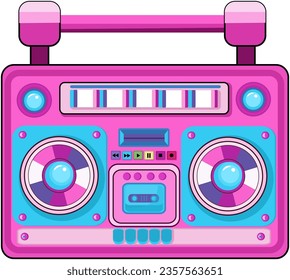 Cassette recorder 1980 Vector boombox pink turquoise, retro 80s.