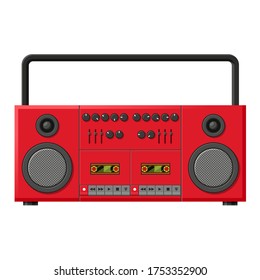 Cassette recorder, bright red machine for recording and listening to cassettes. Retro sound entertainment. Vector cassette recorder cartoon illustration isolated on white background