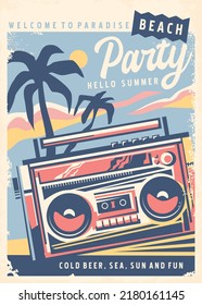 Cassette recorder graphic. Retro summer beach party poster with cassette player and palm trees. Sound and music vector invitation.