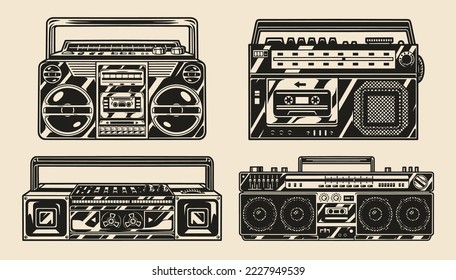 Cassette recorder set labels vintage monochrome electronic music players for entertainment events with large speakers and handle vector illustration
