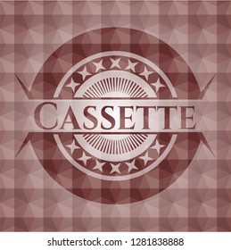 Cassette red emblem or badge with geometric pattern background. Seamless.