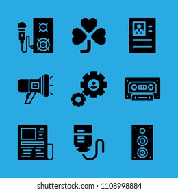 cassette, resume, news paper, drop counter, speaker, clover, settings, megaphone and speaker vector icon. Simple icons set
