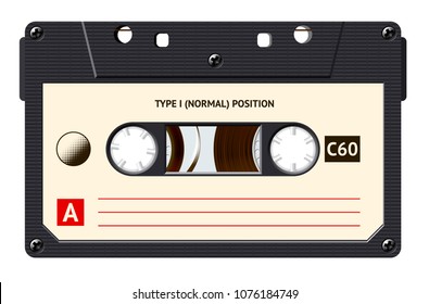 Cassette with retro label as vintage object for 80s revival mix tape design, party poster or cover. Realistic vector sign or icon