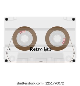 Cassette with retro label as vintage object for retro hits revival mix tape design, party poster or cover. Realistic vector sign or icon