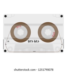 Cassette with retro label as vintage object for 90s revival mix tape design, party poster or cover. Realistic vector sign or icon