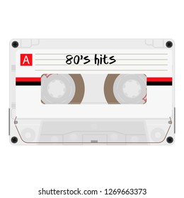 Cassette with retro label as vintage object for 80s revival mix tape design, party poster or cover. Realistic vector sign or icon