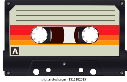 Cassette with a retro label as a vintage object for the design of the 80s. Realistic Vector