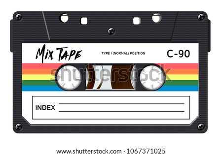 Cassette with retro label as vintage object for 80s revival mix tape design, party poster or cover. Realistic vector sign or icon