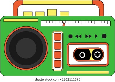 Cassette retro tape recorder. Style of the 80s and 90s. Vector over white background. For flyers, covers and posters, brochures and advertisements, web page and social media design.