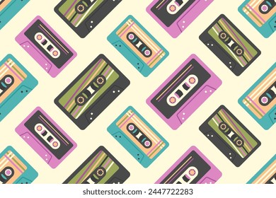 Patrón sin costuras de casete. Cintas de audio retro al estilo de los años 90, 80 y 70. Cintas viejas de colores de Antiguas a grabadora de cinta. Fondo musical. Ilustración vectorial para embalaje, Fondo de pantalla, textil