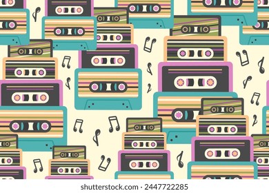 Patrón sin costuras de casete. Cintas de audio retro con notas. Concepto de la vieja escuela. Fondo musical. Repite el adorno de textura al estilo de los años 90, 80 y 70. Ilustración vectorial para embalaje, Fondo de pantalla, textil