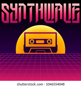 Cassette in the sunset and the inscription of synthwave