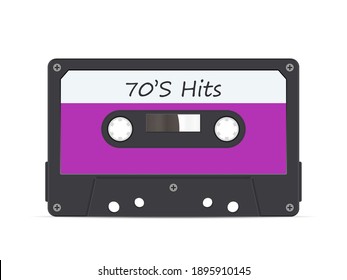 La cinta cassette 70s llega a un fondo blanco. Ilustración vectorial.