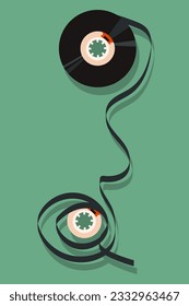 Cassette Tape, Audio Disc Reel, Black tape. Retro 70s 80s 90s nostalgia. Design for poster, background and text design