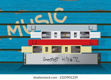 cassette tape and blue peeling paint  background