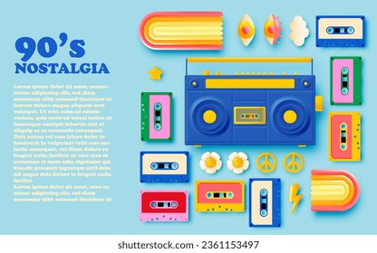 Cassette tape and boom box radio with 90's nostalgia concept theme bannner or vector illustration background in pastel colorful scheme