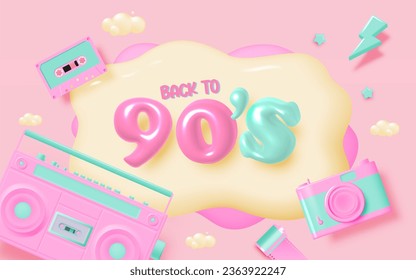 Cinta cassette y radio boom box con el concepto nostalgia de los 90 banner tema o fondo de ilustración vectorial en esquemas de colores pastel