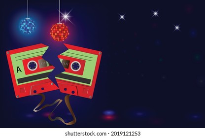 cassette tape broken on disco party background. Disco ball with bright rays Soul , Party Time. Dancers