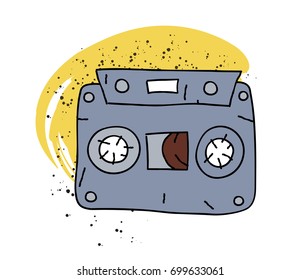 Cassette tape cartoon hand drawn image. Original colorful artwork, comic childish style drawing.