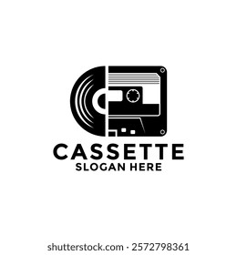 Cassette tape combination with Cassette Disc logo vector illustration. Simple vintage music logo template