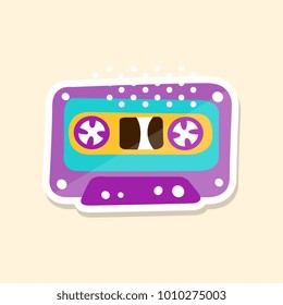 Cassette tape, cute sticker in bright colors, fashion patch vector illustration, cartoon style