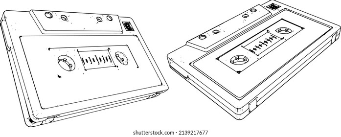 Cassette tape in different angles in vintage style outline