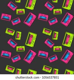 Cassette tape falling seamless pattern. Authentic design for digital and print media.