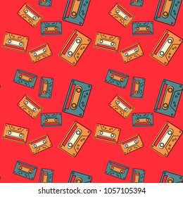 Cassette tape falling seamless pattern. Authentic design for digital and print media.
