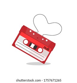 Cassette tape with heart shape ribbon isolated on white background.Damaged Retro Cassette Tape Illustration. Vintage broken music tape.