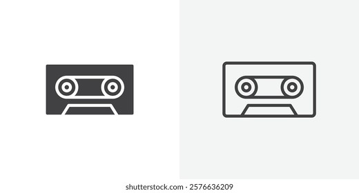 Cassette tape icon set in black flat solid and outlined style.