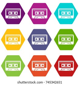 Cassette tape icon set many color hexahedron isolated on white vector illustration
