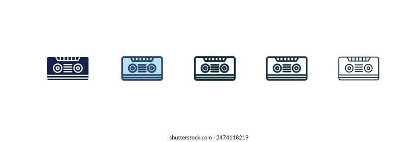 Cassette tape icon set. vintage 80s music audio player cassette vector symbol. old stereo mixtape sign in black filled and outlined style.