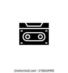 Cassette tape icon vector in black flat glyph, filled style isolated on white background