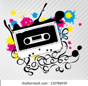 cassette tape with ink splash graphic, vector