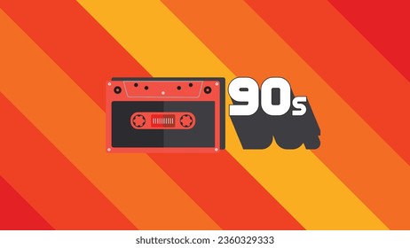 Cassette tape with letter 90s retro style vector illustration isolated in red orange colors have blank space. abstract musical background with mixtape