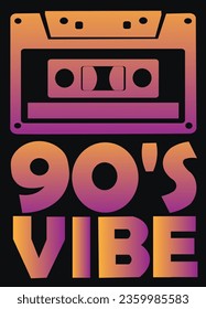 A cassette tape and the letters of 90's Vibe written in color gradations on an isolated black background
