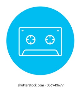 Cassette tape line icon for web, mobile and infographics. Vector white icon on the light blue circle isolated on white background.