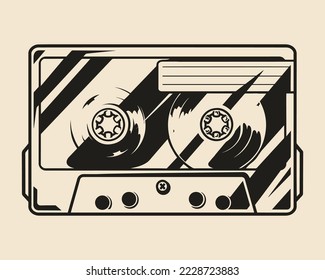 Cassette tape monochrome vintage element compact plastic storage medium with magnetic tape reels for playing musical soundtracks vector illustration