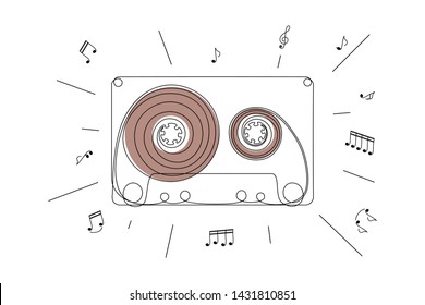 Cassette tape and music notes. Retro music party design. Vector illustration