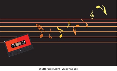 Cassette tape with musical note retro style vector illustration isolated in black colors have blank space. abstract musical background with music nodes