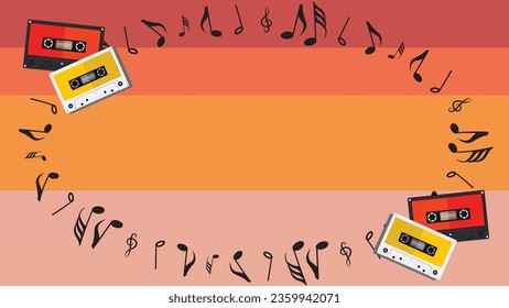 Cassette tape with musical note retro style vector illustration isolated in red colors have blank space. abstract musical background with music nodes 02