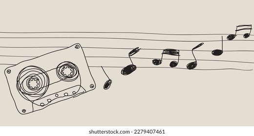 Cinta de cassette con nota musical y ilustración vectorial de estilo infantil los colores blanco y negro tienen espacio en blanco. Ilustración de la línea de doodle de concepto de industrias musicales.