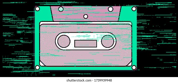 Cassette tape, Obsolete data storage. Pixel art illustration in retrowave and vaporwave style.