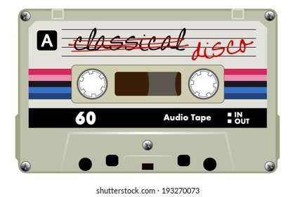 Cassette tape, old gray musical audio cassette with red, pink and blue stripes. vector art image illustration, isolated on white background