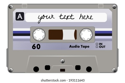 Cassette tape, old plastic musical gray audio cassette with black and blue stripes. vector art image illustration, isolated on white background