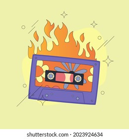 Cassette tape on fire comic style design. Burning mixtape over green background. Flat and line vector illustration. Hot music concept.