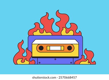 Cassette tape on fire surrounded by vibrant flames illustrated in a fun cartoon style for music enthusiasts