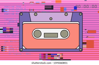 Cassette tape on glitched background. Retrowave and vaporwave style vector illustration.